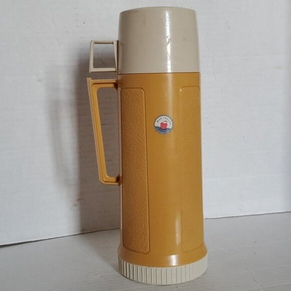 Vintage Thermos Brand Glass INSIDE Travel Coffee Container Harvest Gold Cup Lid - Picture 4 of 16